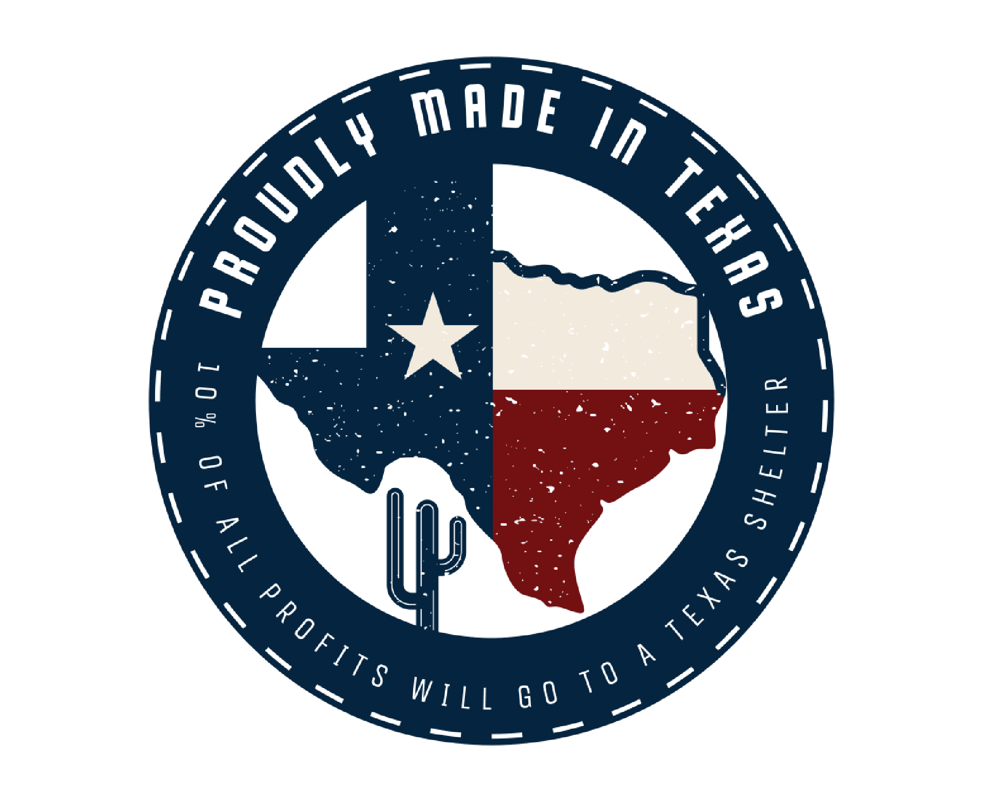 Texas-shaped design with state flag colors and text.
